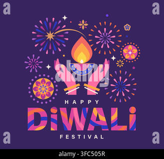 Happy Diwali poster, festival banner with bright fireworks and hands with candle and fire.Anniversary traditional event. Template design with diya lamp for web,social media,flyers, cover, print.Vector Stock Vector