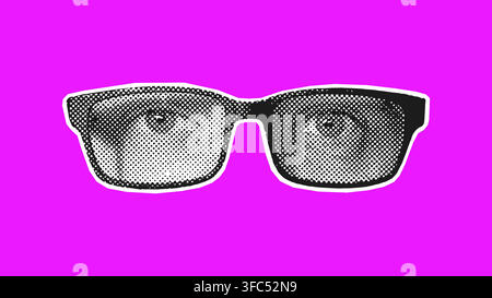 Halftone Eyes Glasses Magenta Background Illustration Stock Vector