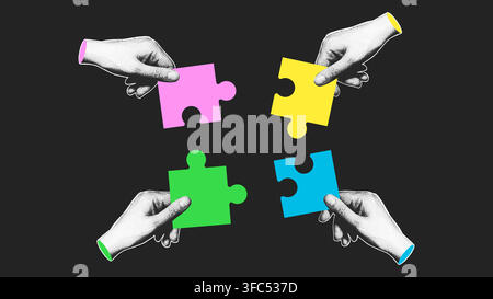 Hands Holding Puzzle Pieces and Reaching Toward Each Other Stock Vector