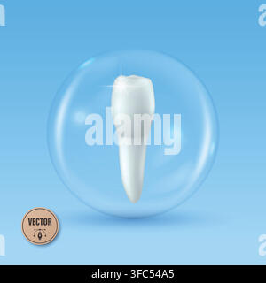 Tooth Protection Concept, Vector Illustration. White Vector Tooth in Transparent Bubble. Dental Care, Oral Hygiene, Enamel Safety Symbol on Blue Stock Vector
