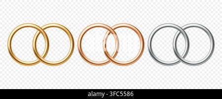 Golden and Silver Wedding Ring Set. Interlocking Wedding Bands, 3d Vector Illustration. Elegant Silver Circular Frames and Marriage Clipart Isolated Stock Vector