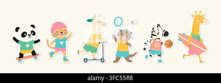 Cute Animal Sports Set, Vector Illustration. Cartoon Panda on Skateboard, Cat on Roller Skates, Llama on Scooter, Otter Playing Badminton, Zebra With Stock Vector