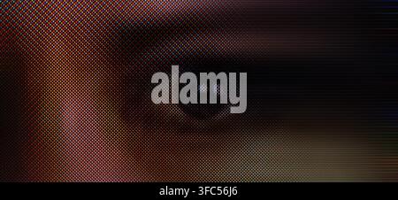 Human eye observing through a digital monitor with visible pixels. Digital background Stock Photo