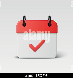 Calendar Check Mark Icon, Vector Illustration. 3d Calendar Check Mark with Red Tick and Shadow. Calendar Check Mark Symbol for Schedule, Reminder Stock Vector