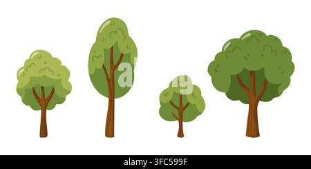 Set of four green deciduous trees in different shapes and sizes. Cartoon vector illustration on white background Stock Vector