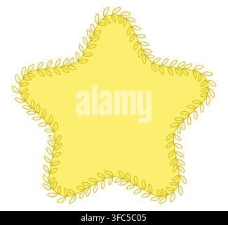Golden laurel vine border traces a yellow star frame as minimal botanical wedding ornament isolated on white for invitation labels, badges or cheerful Stock Vector