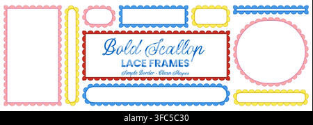 Bold scallop lace border frame set in red, blue, yellow plus pink tones forms rectangle, oval, circle and pill shapes as clean modern trim isolated on Stock Vector
