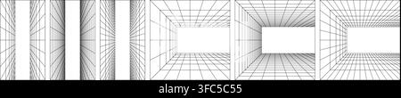 Y2K AI bg with grid lab blueprint, arcade infographic. Linear grayscale game mesh, isometric metaverse. Simple ground floor for math patter platform Stock Vector