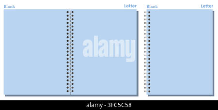 Set of blue blank Letter spiral pages has black side and center coils, clean rectangular sheets, and gray shadows. Useful for notes, school planning, office layouts, or printable documents Stock Vector