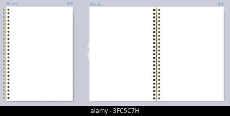White blank notebook page shows unruled surface, black wire binding, and upright horizontal formats on background. Suitable for schoolwork, planning, stationery layouts, notes and printable Stock Vector