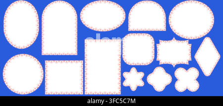 White garden lace floral crochet borders wrap periwinkle semicircle, diamond, rounded square, ornate shield plus triangle frames on navy as vintage textile trim set for wedding invitation labels. Stock Vector
