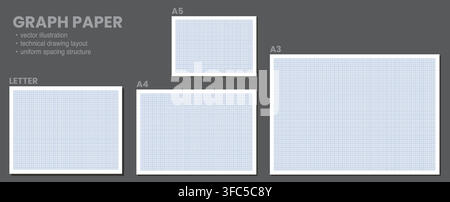 Set of four blue grid graph templates labeled Letter, A5, A4 and A3 arranged on dark grey backdrop. Useful for printable technical catalogs, office drafting kits or school worksheet size guides Stock Vector