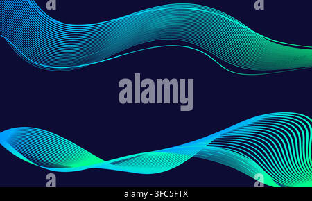 Dark blue background with neon wavy lines, vivid color premium pattern with copy space, luxury gradient guilloche curves. Vibrant vector banner, abstr Stock Vector