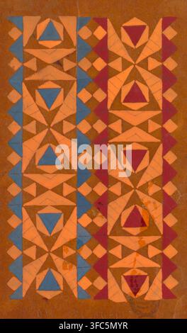 Historic textile design for a woven fabric made in France between 1825 and 1850, featuring a colorful geometric pattern of repeating triangular, diamond and abstract motifs. Stock Photo