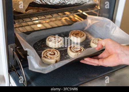 Close-up of a person placing a baking tray with homemade cinnamon rolls into an oven. Unbaked sweet rolls are arranged on parchment paper, ready for b Stock Photo