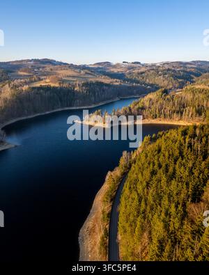 Aerial view of a reservoir surrounded by dense pine forests and rolling hills in the Czech Republic. Stock Photo