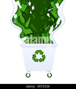 Paper cut waste bin, garbage trash can, plastic recycle. Plastic pollution, waste managing, trash collecting and recycle paper cut vector concept with disposal materials falling in bin or container Stock Vector