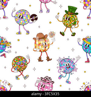 Groovy disco ball characters seamless pattern. Repeated details groovy vector print, seamless pattern with disco ball funky characters in cowboy and leprechaun hats, flower wreath and sunglasses Stock Vector