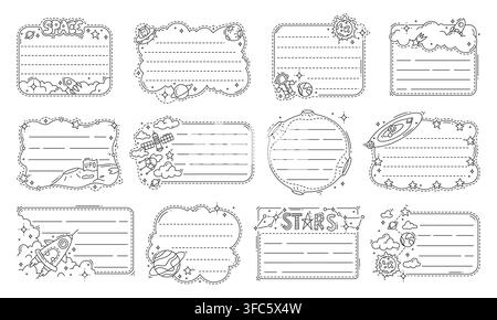 Galaxy space stars, planets and rockets kids memo note frame stickers. Vector monochrome, linear bullet journal, album, scrapbook or diary borders with cosmic elements, notebook, sketchbook, messages Stock Vector