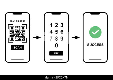 Mobile payment process shown on a smartphone with QR code scanning numerical input and a successful transaction confirmation Stock Vector
