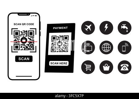 QR code scanning for digital payments displayed on a smartphone and payment terminal accompanied by a collection of modern service icons Stock Vector