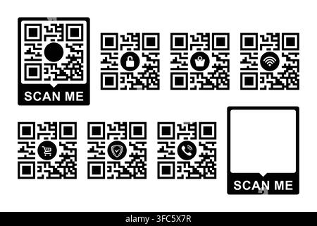 QR codes are presented with various icons for digital services including security shopping Wi Fi and contact Stock Vector