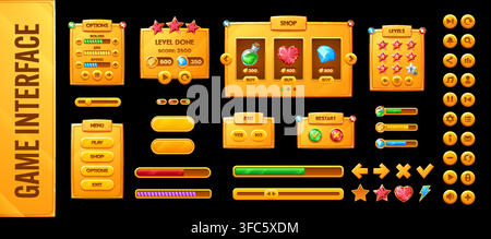Game UI interface with golden buttons, indicators or rewards and level windows. Video game interface with loading scale and menu of gamer GUI assets and arcade videogame user elements of gold bars Stock Vector