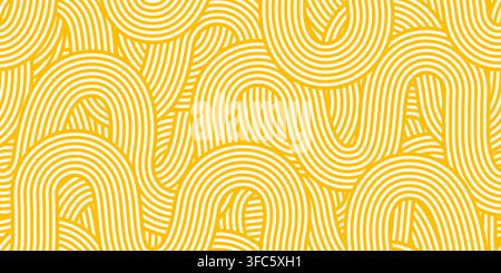 Asian yellow ramen noodles seamless pattern texture. Wavy Italian pasta spaghetti background with continuous yellow curved stripes on white for branding, packaging, textiles and scrapbook paper Stock Vector