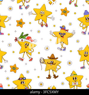 Cartoon groovy star mascot characters seamless pattern. Funny golden stars with faces in Santa hat, cowboy, hippie, Christmas and disco outfits. Funky pattern for kids apparel or wrapping paper Stock Vector