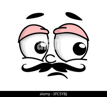 Cartoon face expressing sadness and disappointment emotion. Comic emoji character with baggy eyes, short flat brows, thick curved mustache and subtle frown. Funky groovy face for social media graphics Stock Vector