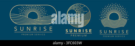 Luxury premium service icons with golden sunrise and sunset symbols. Minimalist geometric emblems with sun rising over wavy abstract sea water or farm fields for luxury spa wellness centers Stock Vector