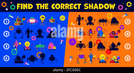 Kids game worksheet, find the correct shadow of funny robot. Riddle activity, matching shadow puzzle with droids gears and tools silhouettes encourages problem solving and classroom preschool learning Stock Vector