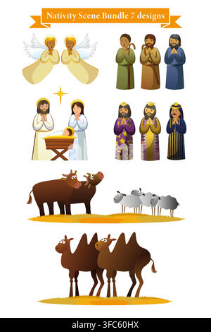 Set of Holy Christmas Nativity scene - angels, wise men, shepherds, Mary, Joseph and Jesus. Vector xmas bundle with baby Jesus in a manger Stock Vector