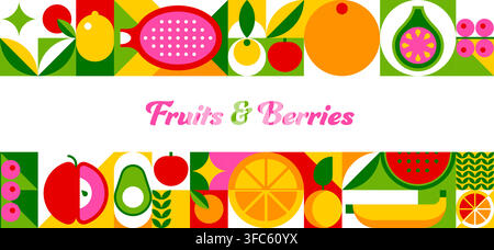 Tropical fruits and berries banner with mosaic geometric pattern. Tile background with abstract shapes of orange slice, fig, avocado and apple, banana and watermelon, leaves and seeds of summer food Stock Vector
