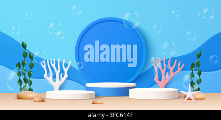 3D cosmetic products promotion podium stage stand with sea corals, water bubbles and seaweeds. Underwater scene with white and pink corals, starfish and rocks against blue ocean marine background Stock Vector