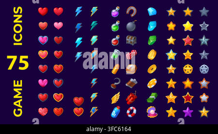 Arcade game icons for interface design and GUI elements assets of casino or trophy stars. Video game UI icons of cartoon gems and gold items, heart and money or pirate treasure chest and medal ward Stock Vector