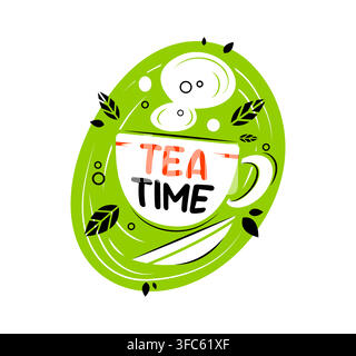 Tea time kitchen cook icon with hot tea cup beverage with rising steam surrounded by green tea leaves and saucer. Healthy herbal drink emblem conveying cozy relaxation, freshness and afternoon break Stock Vector