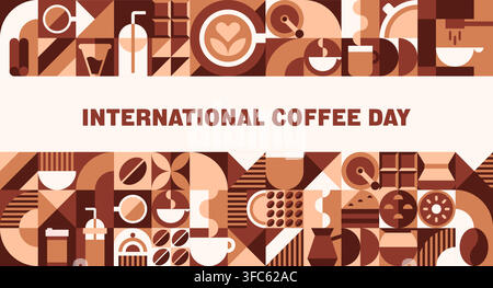 International coffee day banner with brown geometric pattern and abstract shapes of cups, beans, latte foam and brewing tools arranged in retro modern mosaic grid, conveying celebration for 1 October Stock Vector