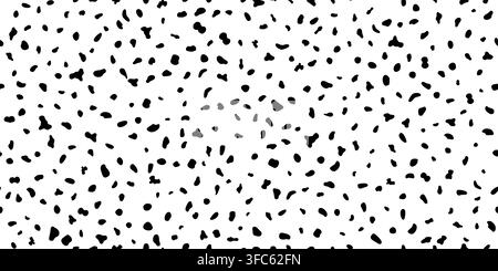 Dalmatian seamless pattern background of dog fur print texture with spots or dots. Dalmatian pattern of black stains on white animal skin background with abstract irregular random shapes for bg Stock Vector
