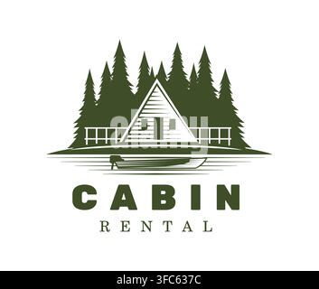 Forest lodge, fishing cabin rent and lake camp icon for vacation rental or fishing camp. Rustic cabin rental emblem showing an A frame lodge on lakeshore with small fishing boat and dense pine forest Stock Vector