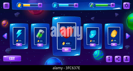 Galaxy game shop interface window with icons, loading bars, store panel UI, sale board frame. Cards for buying energy lightning, battery, hearts, crystals and gold coins for mobile game development Stock Vector