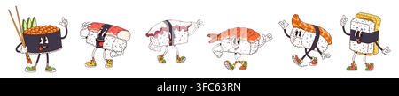 Cartoon retro groovy japanese rice sushi and cute roll characters. Cartoon happy shrimp ebi, egg tamago and salmon fish sake, octopus taco and crab stick kani nigiri sushi, roe ikura gunkan maki sushi Stock Vector