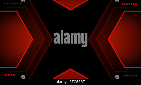 Red and black gaming background with glowing neon light elements futuristic geometric hexagon frame abstract dark banner presentation template tech wa Stock Vector
