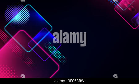 Abstract neon geometric background vector with glowing cyan and pink rounded square frames dotted halftone pattern vibrant electric dark futuristic te Stock Vector
