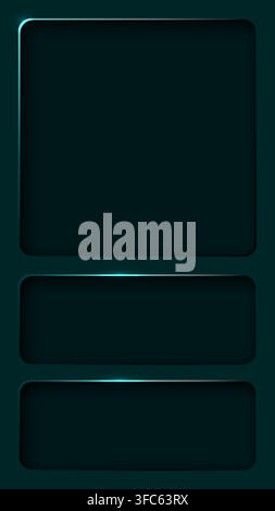 A sleek dark cyan vertical wallpaper features three recessed rounded rectangular panels with glowing neon highlights for modern smartphone ui screens Stock Vector