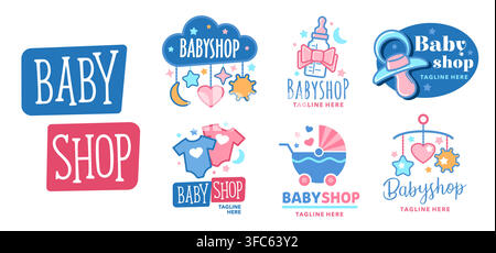 Baby shop icons, cradle and rattle toys, stroller and cloth. Newborn and toddler store symbols with cute kid boy and girl clothes, baby bottle, pacifier and crib mobiles signs set for shop or store Stock Vector