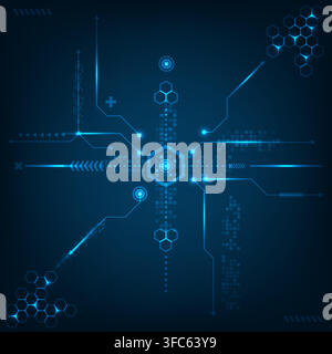 Dark blue abstract background glowing hexagon core and circuit lines for tech futuristic cybernetic digital network displays and modern HUD interface Stock Vector