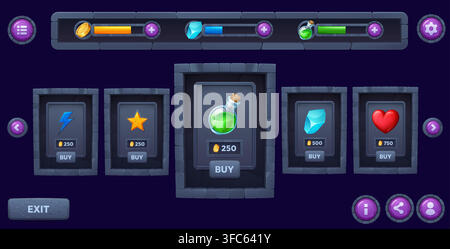 Stone game shop interface window and icons, loading bars, medieval store panel ui, sale board rocky frame. Fantasy cartoon purchase cards, resources, navigation buttons, hud elements and gui assets Stock Vector
