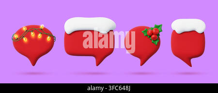 Christmas red speech bubble chat icons, talk balloon frame and dialog boxes. 3d speech clouds with snow, holly berries and light garlands. Winter Xmas holiday empty chat boxes for festive messages Stock Vector