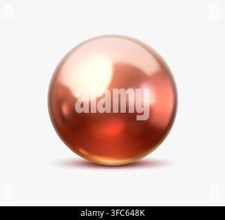 3D copper metal or pearl ball, bubble glossy sphere. Shiny bronze orb with reflective polished chrome finish, smooth surface and mirrored reflection conveys luxury and soft shadow on white background Stock Vector